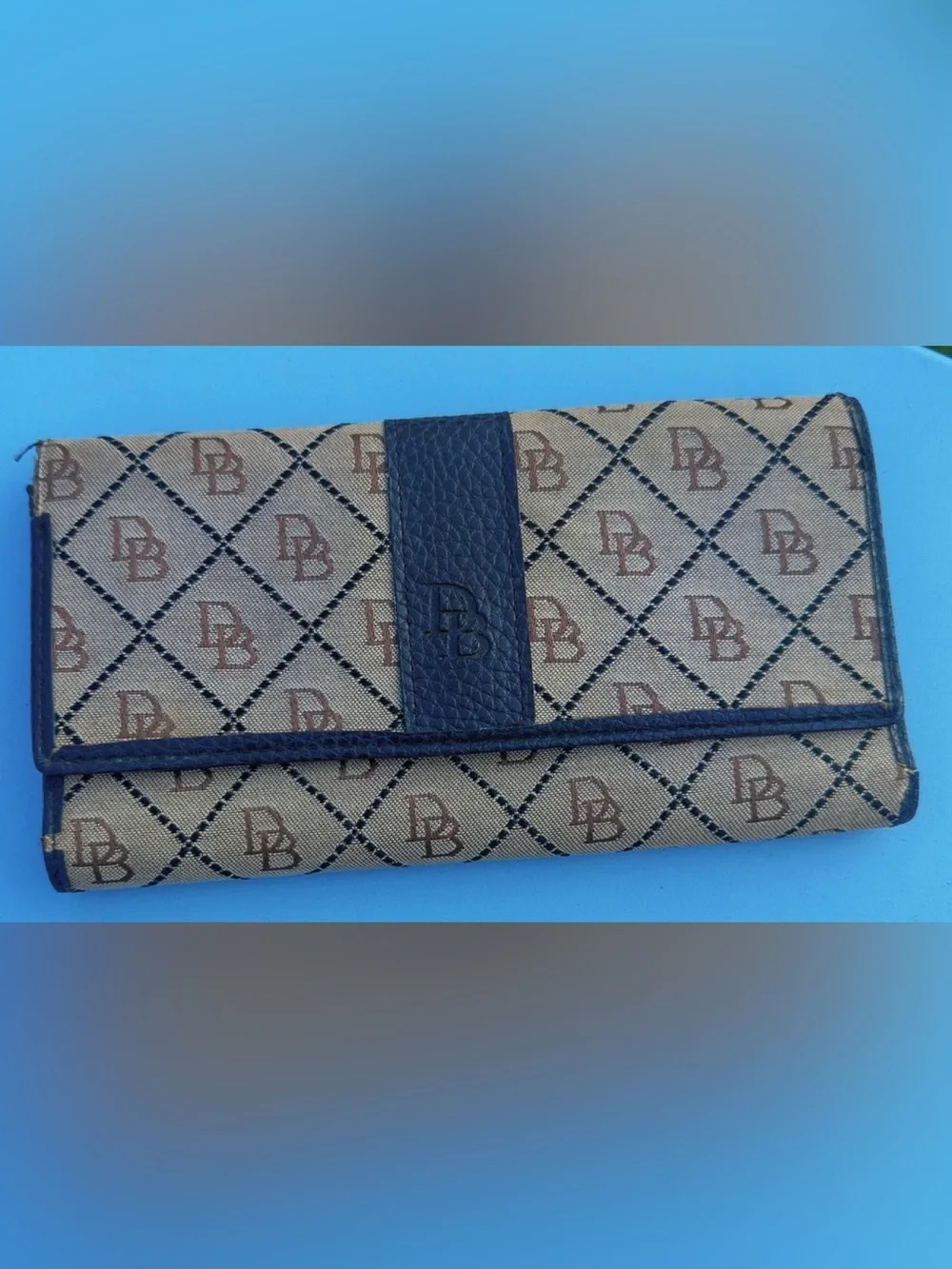 Dooney & Bourke Monogram Canvas Checkbook Wallet Brown Blue Leather Organizer